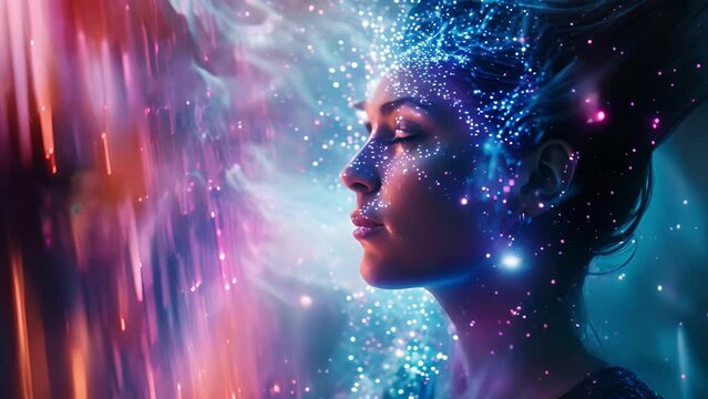 A holographic portrait of a person with their hair rep by a moving holographic waterfall symbolizing the everflowing cycle of life.