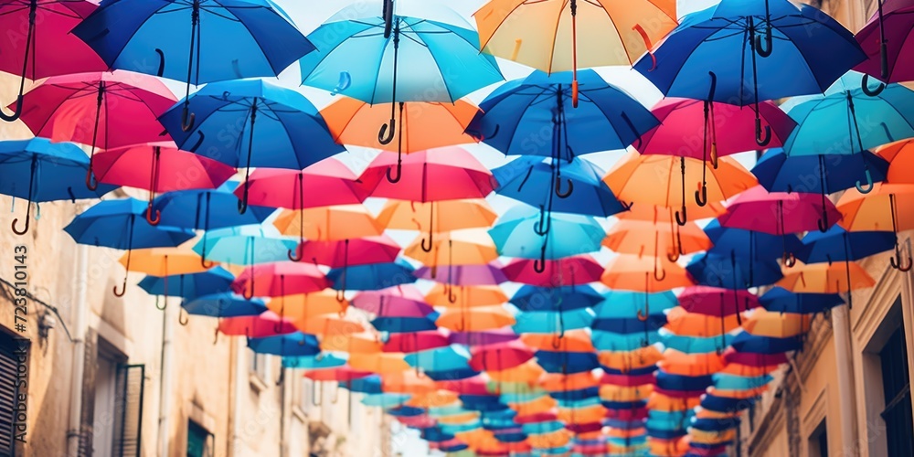 Poster Many colorful umbrellas hang from the ceiling of a building. This image can be used to add a vibrant and lively touch to any design or project