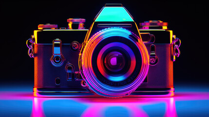 Neon digital camera abstract on dark background