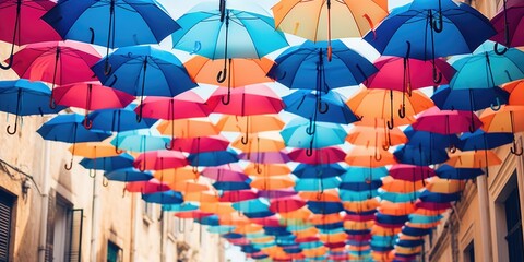 Many colorful umbrellas hang from the ceiling of a building. This image can be used to add a vibrant and lively touch to any design or project