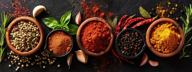 Black background with various spices and condiments for food preparation, cooking concept.