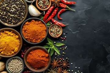 Black background with various spices and condiments for food preparation, cooking concept.