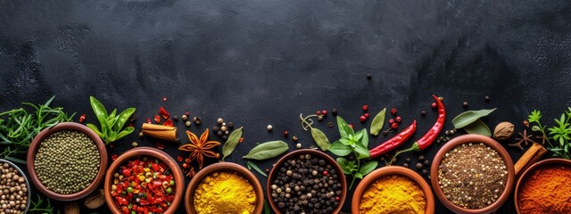 Black background with various spices and condiments for food preparation, cooking concept. - obrazy, fototapety, plakaty