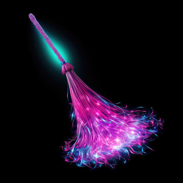 Neon witchs broom on isolated dark background