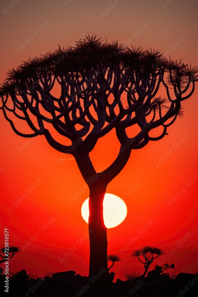 Poster a stunning image capturing the beauty of a sunset as it sets behind a grand tree. perfect for nature