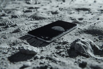 Fototapeta na wymiar Cell phone on the surface of the moon, astronaut footprints, technology and science concept.