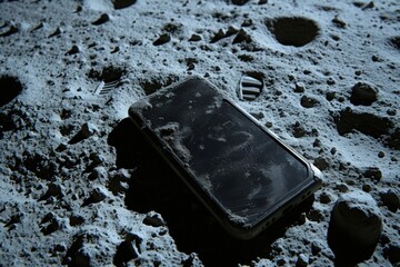 Cell phone on the surface of the moon, astronaut footprints, technology and science concept.