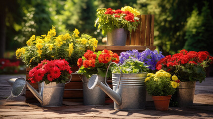 Obraz premium Watering can and pots with colorful flowers on terrace in garden