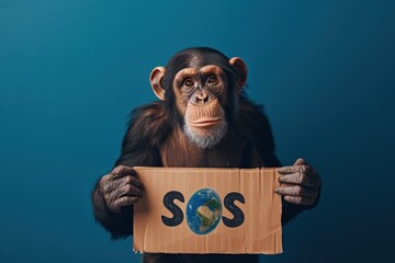 Chimpanzee holding a sign saying SOS, save the planet, Earth Day concept.