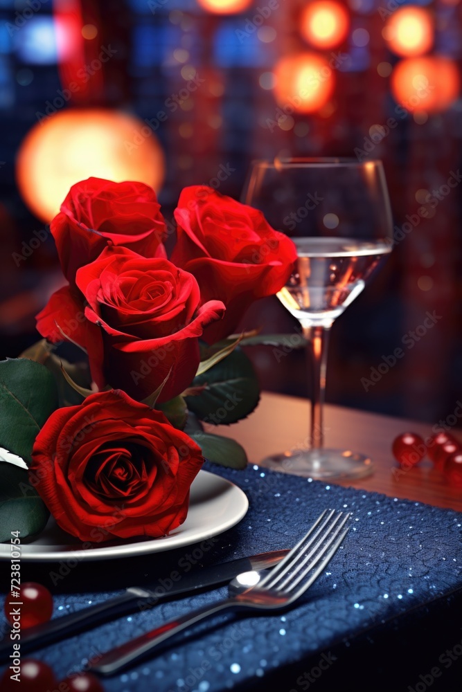 Poster a beautifully arranged table setting with red roses and a glass of wine. perfect for romantic occasi