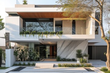 House facade in contemporary and modern style with white marble finish, architecture concept.