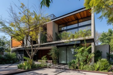 Fototapeta premium Contemporary and modern style house facade, finished with wood, metal and cement, architecture concept.