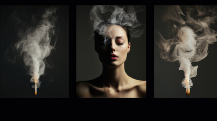 Nicotine addiction concept surreal triptych painting background