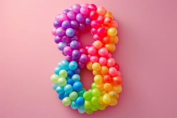 Number 8 made out of colorful balloons with a solid background. Age, anniversary, birthday, party celebration background.
