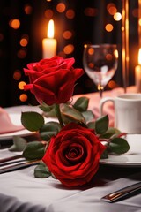 A beautiful red rose delicately placed on top of a pristine white plate. Perfect for adding a touch of elegance to any design or presentation