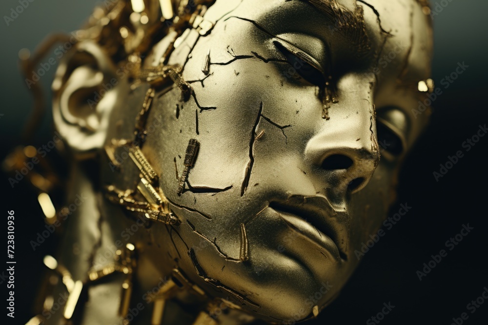 Poster A close up view of a golden statue of a woman. Perfect for adding a touch of elegance and sophistication to any project