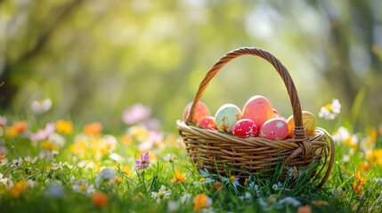 Photo a basket of easter eggs on a flowery green meadow easter. sunshine, colorful