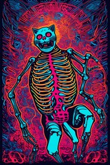 a vintage retro psychedelic black light concert gig band music poster featuring a cat skeleton