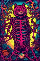 a vintage retro psychedelic concert gig band music poster featuring a cat skeleton