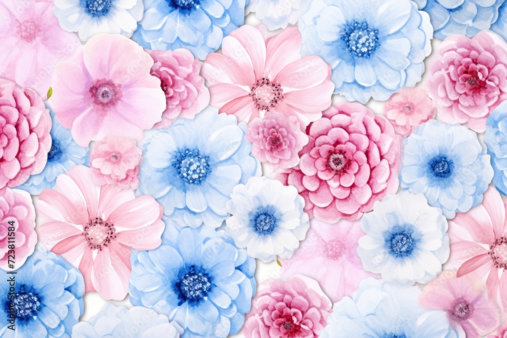Poster A beautiful arrangement of pink and blue flowers displayed on a clean white surface. Perfect for adding a touch of color and elegance to any project or design