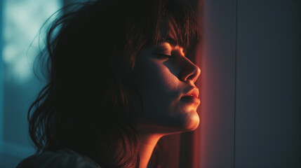 Profile of a contemplative young woman in a neon glow, her features cast in dramatic light and shadow