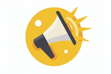 Megaphone in a yellow circle, advertising and sales concept, white background.