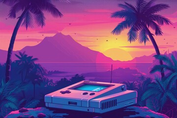 Old video game console with landscape in the background, retro style.