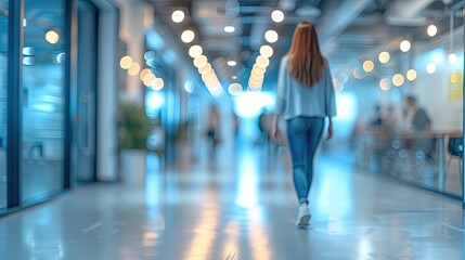 Blurred image of a woman walking in a modern illuminated corridor.