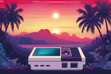 Old video game console with landscape in the background, retro style.
