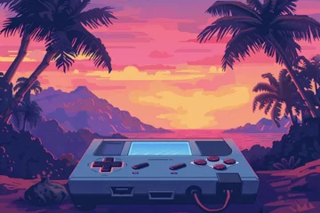 Foto op Canvas Old video game console with landscape in the background, retro style. © Deivison