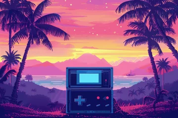 Fototapeten Landscape with arcade machine, mountains and sunset in the background, retro video game, 80's. © Deivison