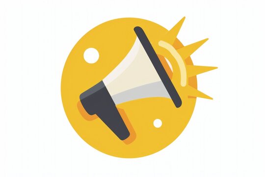 Megaphone in a yellow circle, advertising and sales concept, white background.