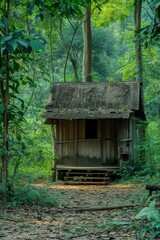Simple old wooden hut in the middle of a jungle.