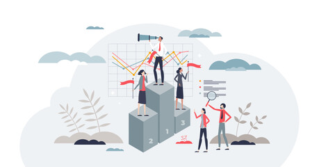 Competitor benchmarking tools to evaluate company tiny person concept, transparent background. Product, service or performance comparison with other businesses in market illustration.