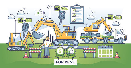 Excavator rental service with heavy machinery showroom outline concept, transparent background. Company with industrial bulldozer rent or selling service illustration. Mechanic vehicle lease. - obrazy, fototapety, plakaty