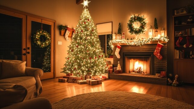 Christmas tree in a living room with a fireplace