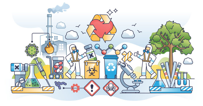 Medical waste disposal and proper pharmacy trash management outline concept, transparent background. Biologic hazard recycling and sustainable toxic tablets, pills and drugs utilization illustration.