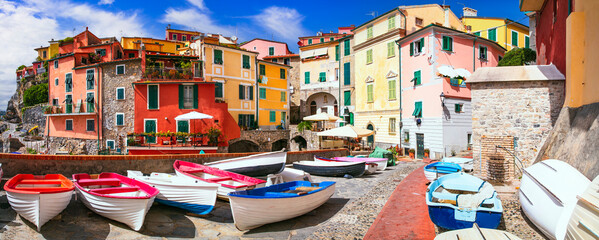 Italy travel, Liguria region.  Scenic colorful traditional village Tellaro with old fishing boats....