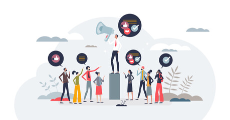 Social influence and influencer power for promotion tiny person concept, transparent background.Share information to audience and society in social media illustration.