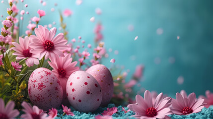 Obraz na płótnie Canvas Pink Flowers and Eggs on Blue Surface
