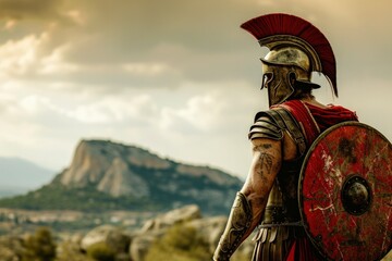 Spartan warrior with shield and helmet, battlefield in the background. - obrazy, fototapety, plakaty