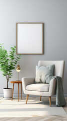 Interior of modern living room with armchair and green plant. Mock up poster .