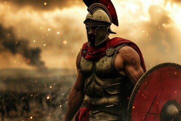 Fototapeta premium Spartan warrior with shield and helmet, battlefield in the background.