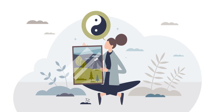 Self awareness and mental harmony with body calmness tiny person concept, transparent background. Psychological mindset with calm confidence, healthy relationship.