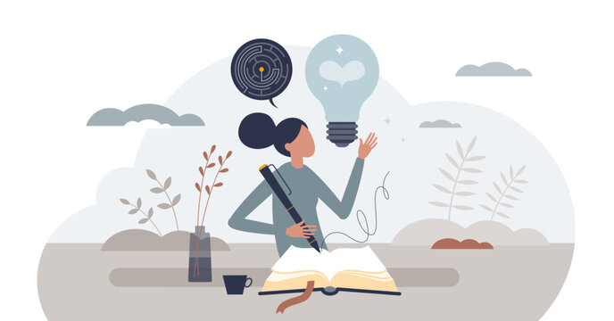 Self awareness and writing diary to understand daily emotions tiny person concept, transparent background.