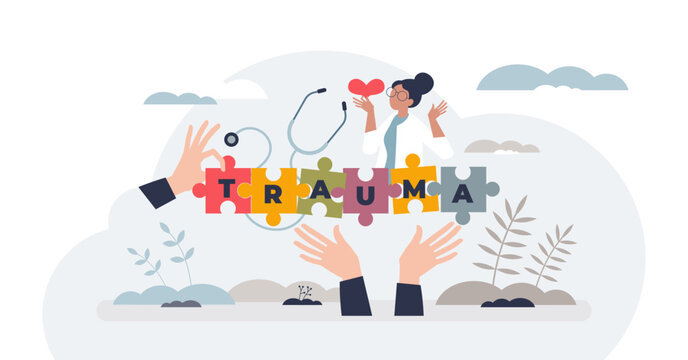 Trauma informed care with understanding about patient body health condition tiny person concept, transparent background. Complex medical treatment and therapy.