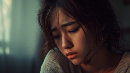 Young Asian woman with tears on her face, portraying deep emotional distress, in a softly lit...