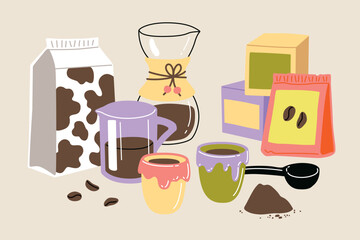 Vector hand painted specialty coffee illustration alternative preparing method. Cute flat simple hand drawn icon collection