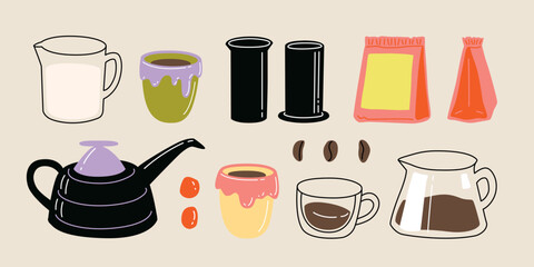 Vector hand painted specialty coffee illustration alternative preparing method. Cute flat simple hand drawn icon collection