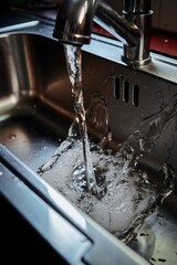 A kitchen sink with a faucet running water. Perfect for illustrating water usage, plumbing, or household activities